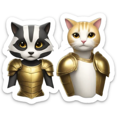 a badger, and a white female cat with a golden armour sticker