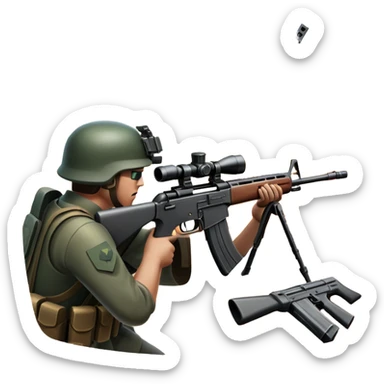 An icon featuring the crosshairs of an automatic rifle in the foreground, with a battlefield in the background. The design captures the intense focus of a first-person shooter game, with soldiers and explosions visible through the sights. Transparent background. sticker