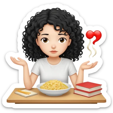 generate a pretty bratz fair skinned girl with curly black hair wearing a white tshirt sitting on a table with noodles and books. looking sleepy and tired sticker