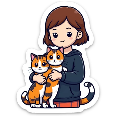 girl with brown hair holding two cats, one tortoiseshell cat and one Scottish cat sticker