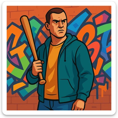 GTA5 style character, casual clothes, holding a baseball bat, graffiti wall background, vibrant toon style sticker