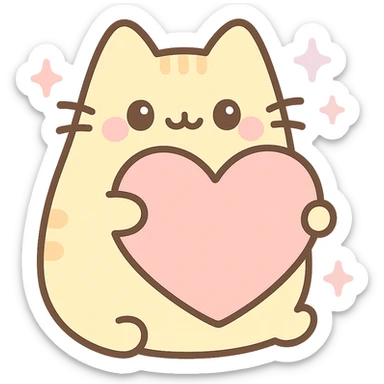Add sparkles around Pusheen and the big heart, keep pastel yellow and peach, sweet and adorable, kawaii style, with no background sticker