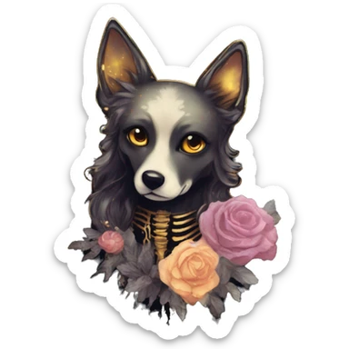 Black iridescent dog fox zombie skeleton gold mechanical nebula galaxy stars flowers fairy lights vintage sticker