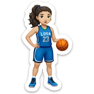 full body plus size light skin latino women basketball player with wavy dark hair in pony tail wide nose wearing blue uniform with green accent sticker