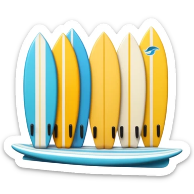 3D emoji style icon of a surf shop with surfboards, fins, and accessories on display sticker
