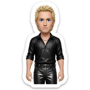 James Hetfield with blue eyes, blonde hair, black metallic shirt, black metallic baggy pants, silver necklace sticker