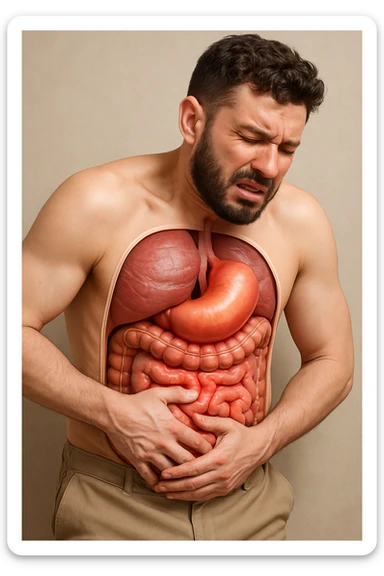 Uomo con dolore per via del suo gonfiore addominale vista anatomica immagine realistica in 3D sticker