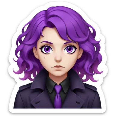 A noir-style detective with wavy purple hair, black trench coat, and piercing violet eyes sticker