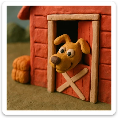 dog peeking out of a barn door, playful and cute, hand-molded details, claymation style sticker