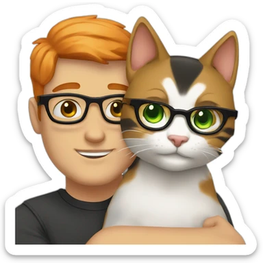 White guy with green eyes, black short hair and with glasses hug orange percian cat sticker