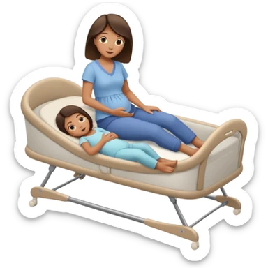 a mom laying down in a “C” position laying close to the she of the bed by her daughters bassinet while still trying to reach far back with her foot to touch her husband  sticker