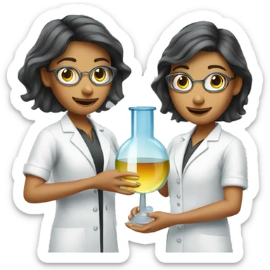  two scientists girls holding one clear glass chemistry sticker