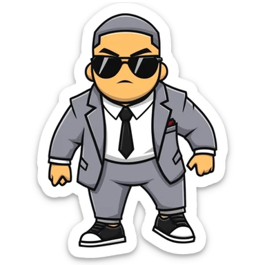A gangster character walking with sunglasses and a power outfit in an alley, showcasing their gangster and combative nature sticker