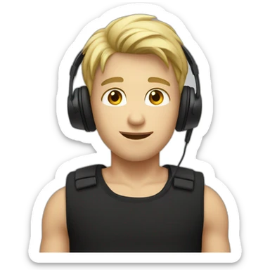 A blond short haired boy with a black tank shirt and a black headset sticker