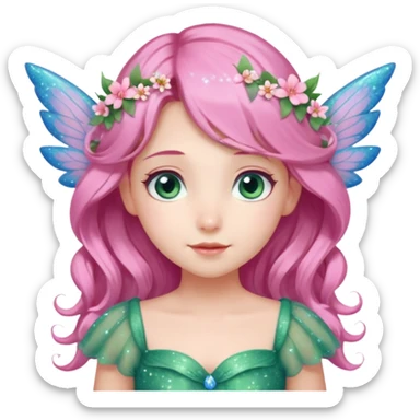 Una ragazza datata, occhi azzurri rosati dolci e aperti, vestito verde come la natura co  altri elementi e fiori rosa, deve avere le ali azzurrine,decorati con fiori e con glitter. O capelli di colore rosa chiaro con in acconciature tipica delle fate, capelli mossi e lunghi sticker