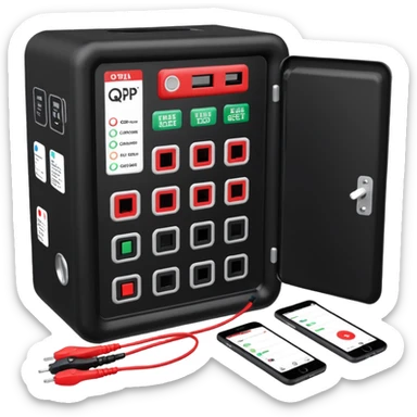 An open, black outdoor test case.Interior: control panel with colored test jacks, USB ports, and a power outlet. A red test probe is located next to it. On the left side of the case is a large roll of white, round test labels displaying QR codes.  sticker