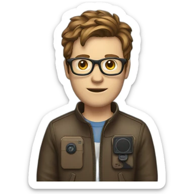 white male with brown hair holding a game controller, wearing glasses, wearing a jacket sticker