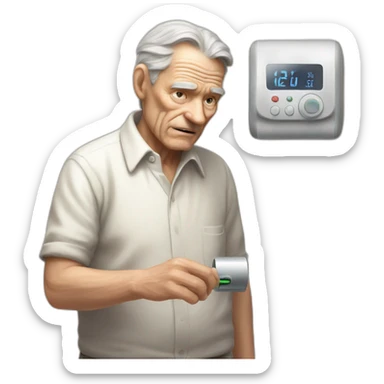 Decrepit old man touching thermostat sticker