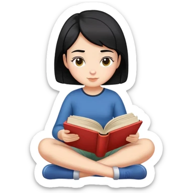 Girl with short hair sitting cross-legged reading an open book sticker
