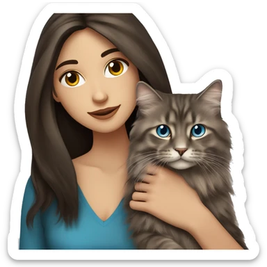 long straight haired blue eyed brunette woman holding norwegian forest cat with amber eyes sticker
