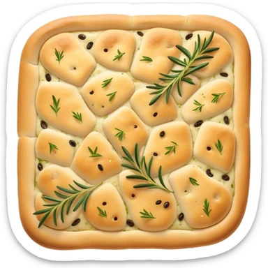 Focaccia Cinematic Realistic Focaccia Bread Dish Emoji, depicted as a golden, olive-oil brushed flatbread sprinkled with herbs, rendered with lifelike textures and warm, inviting lighting. sticker