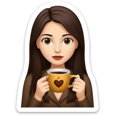 Straight Dark Brown long haired sexy woman with dark brown eyes with cup of coffee sticker