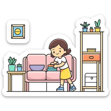 smiling girl arranging furniture in doll house sticker