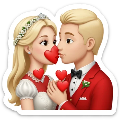 Девушка целуется с мужчиной. Они в свадебных нарядах. На фоне сердечки и кольца  sticker