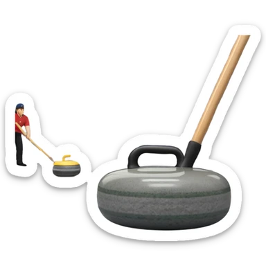 An icon showing a detailed close-up of a curling stone sliding across the ice, with a broom in motion beside it. The background features an indoor stadium with cheering spectators on the stands. Transparent background captures the strategy and focus of curling. sticker