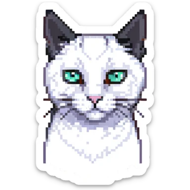 a close up portrait of a realistic adult white cat with black ears, he is giving skeptical slant eyed side-eye to the camera, cutscene graphic
 sticker