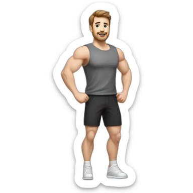 Full height realistic Actively gesturing with hands Pale skinned Fit Man With the biceps and brown hair in dark gray Sleeveless Mike, black oversize sports shorts, watch and white Sneakers sticker