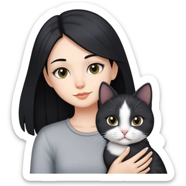 Girl with long black hair holding white and black and grey shorthair cat sticker