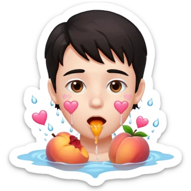 Cute boy, light pink eyes, grown out dark hair, eating a peach, pink hearts floating , water dripping from mouth sticker