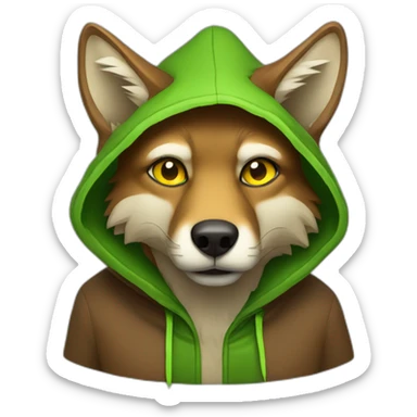 brown coyote with yellow eyes and a green hood that sadly sticker
