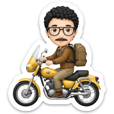 A young boy DEVELOPER WITH A backpack, black curly short hair, wearing glasses, a thin mustache, his skin is white, riding a motorcycle sticker