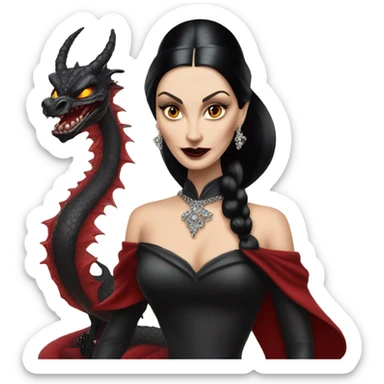 painting Lavish Victorian evening gown, young Morticia Addams Jedi wearing a mini tiara, riding on the back of a very large blood red evil-looking fire-spewing horned dragon sticker