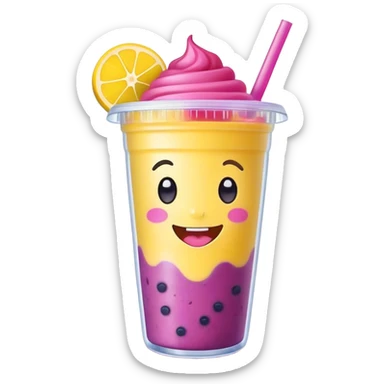 Cute Kawaii Smoothie Cup, filled with blended fruity goodness, a smiling face with excited eyes, bright colorful layers of pink, yellow, and purple, topped with a straw and tiny fruit slices! sticker