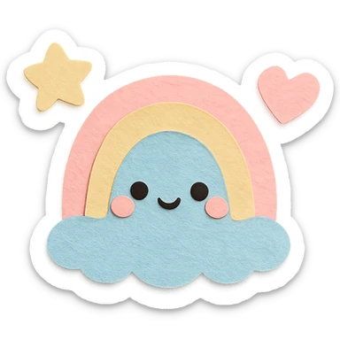 kawaii tiny rainbow, floating star and heart, soft pastel palette, no arms or legs, full body, paper craft style sticker