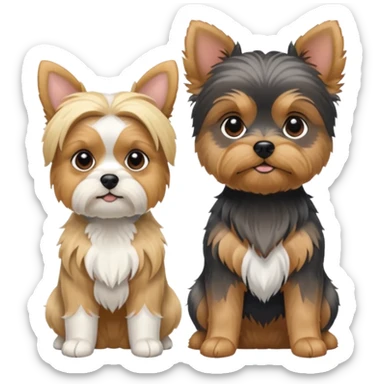 Generate a blue and tan purebred yorkie with a blonde shi tzu yorkie mix with floppy ears sitting next to each other. Make them the same size sticker