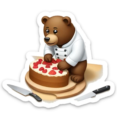 a bear chef slicing a cake on a cutting board, the cake cut into multiple slices already sticker