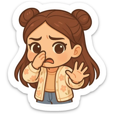 Create a chibi sticker of the girl from the reference image. She has brown straight hair in double buns, brown eyes, wearing a pastel floral cardigan and jeans. She is holding her nose with one hand and waving the other hand in front of her face, looking very disgusted. The sticker should have a white outline and transparent background, 512x512px. sticker