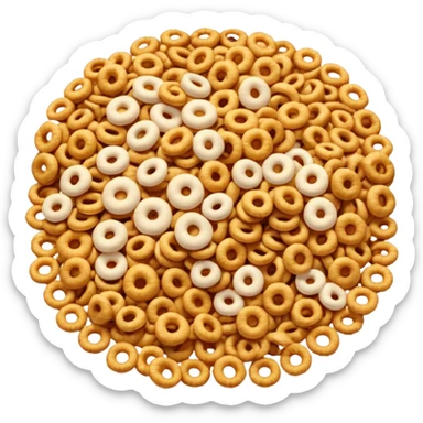 shallow pile of puffed breakfast cereal grains with varied shapes (rings, pillows, or flakes), golden brown tones, crisp and lightly textured, soft lighting, subtle shadows, emoji scale sticker