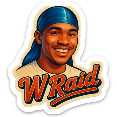 Smiling 
make his shirt white
Change His durag To BLUE
Make it say "  W Raid " sticker