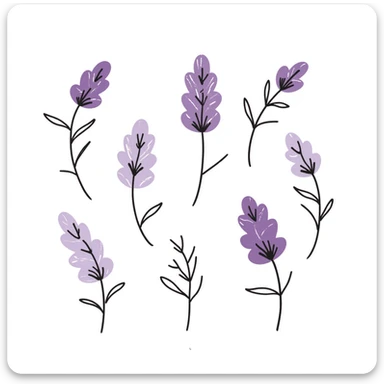 Lilac flowers with branches and leaves in pastel colors (dd9fb0, ffc6d3, a3bfc9, c4bee2, f1b091), hand-drawn doodle style sticker