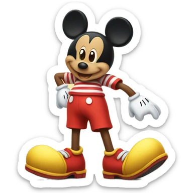 Mickey Mouse wearing red shorts and big yellow shoes, smiling happily. sticker