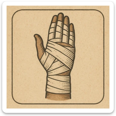 vintage style icon of a bandaged hand, muted colors, subtle texture, classic medical illustration feel sticker