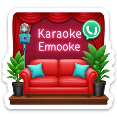 front view of a red velvet couch with a mic in front, houseplants in the background, and a neon sign directly above the couch that says "karaoke" sticker