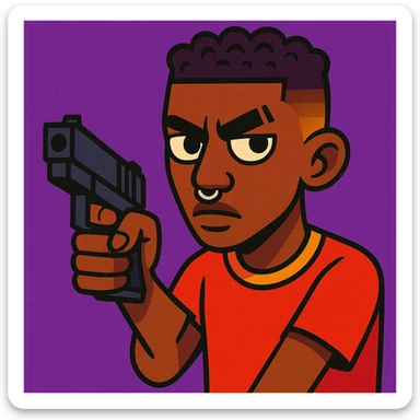brown-skinned boy with low taper fade, coily hair, septum piercing, two eyebrow slits on left eyebrow, long nose bridge, button nose, holding a gun, serious face, vibrant cartoon style sticker