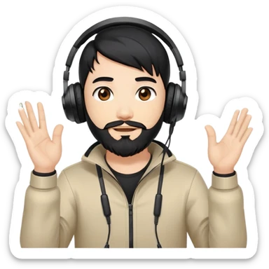 Anime style man with black hair, brown eyes, and black beard wearing gaming headset and applauding, anime art style sticker