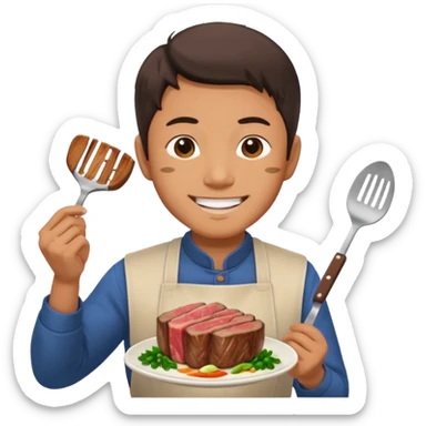 Japanese man holds in hands steak preparing to eat with lovely sight sticker